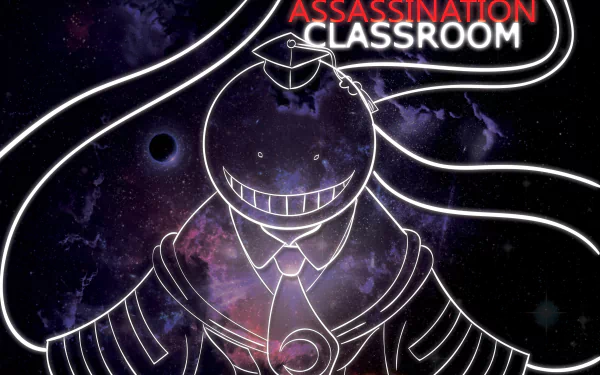 HD wallpaper featuring Koro-sensei from the anime Assassination Classroom, set against a cosmic background, blending vibrant colors and a whimsical character design.