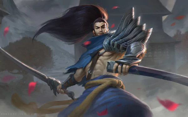 HD desktop wallpaper featuring Yasuo, a character from the video game League of Legends, poised with a katana amidst falling red petals and a misty background.