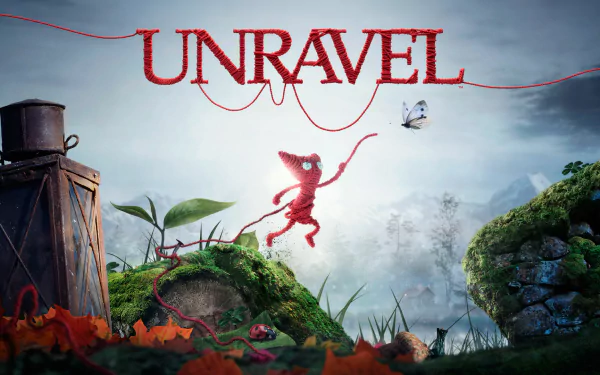 HD PC desktop wallpaper for the video game Unravel: red yarn character Yarny leaps between mossy rocks toward a butterfly under a misty sky.