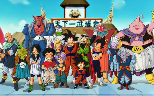 HD desktop wallpaper featuring a group of Dragon Ball Z characters standing confidently together with a vibrant background of a dojo and blue sky.