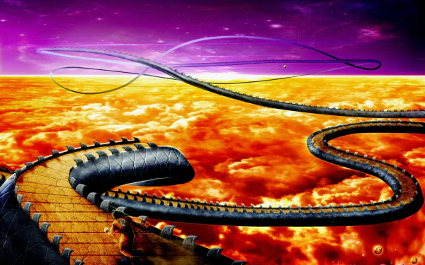 Anime-inspired Dragon Ball Z HD desktop wallpaper featuring a winding dragon path over a vivid, fiery sky, with a cosmic backdrop blending into purple hues.