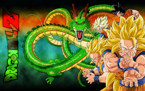 HD desktop wallpaper featuring Shenron, Goku, and multiple Super Saiyan transformations from Dragon Ball Z. The vibrant image displays intense action and the iconic Dragon Ball Z logo.
