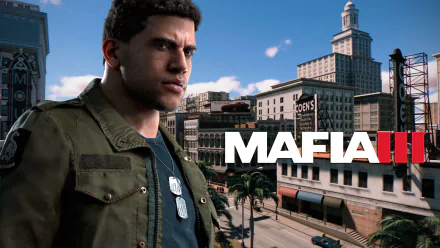 HD PC desktop wallpaper featuring a character from the video game Mafia III against an urban cityscape background with the Mafia III logo prominently displayed.