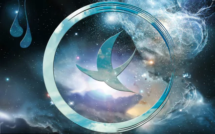 Blue Sci-Fi artistic HD PC desktop wallpaper: glowing circular emblem with a stylized bird silhouette set against a nebula universe.