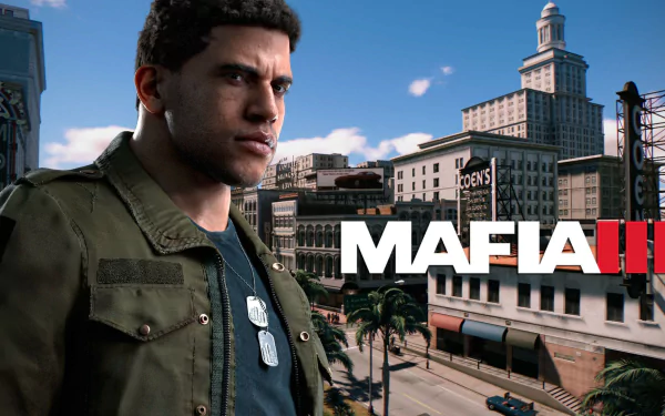 HD PC desktop wallpaper featuring a character from the video game Mafia III against an urban cityscape background with the Mafia III logo prominently displayed.