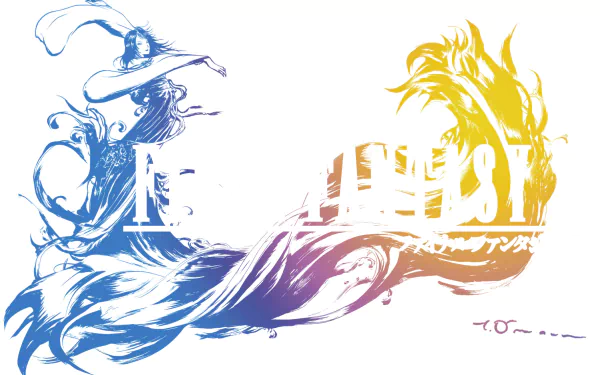 HD PC desktop wallpaper featuring a stylized logo of Yuna from the video game Final Fantasy X with dynamic blue, purple, and yellow brushstroke elements.