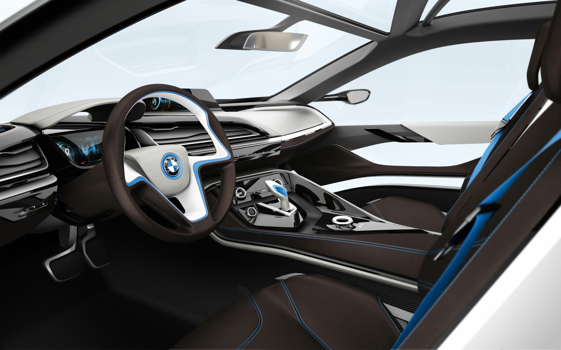 A sleek interior view of a BMW i8, showcasing its modern design, intricate dashboard, and stylish seating. This high-definition image serves as a dynamic desktop wallpaper.