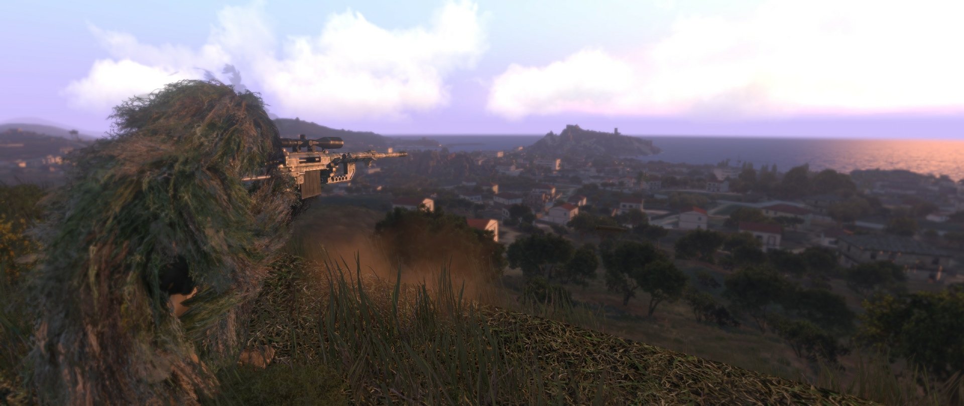 Video game Arma 3 HD PC desktop wallpaper: panoramic coastal military landscape at dusk, grassy hill overlooking a seaside town, harbor and distant islands.