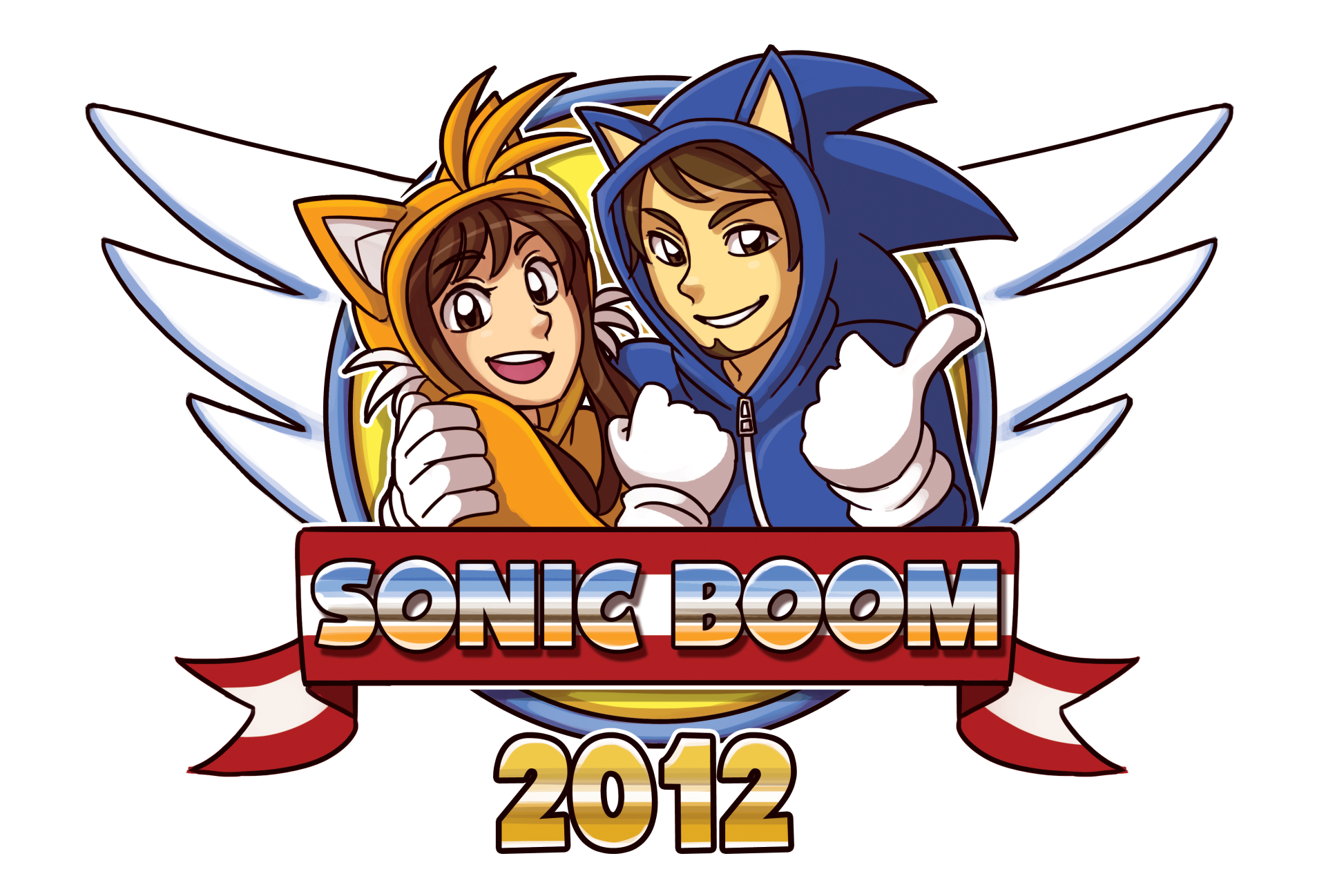 4K Ultra HD PC desktop wallpaper featuring Sonic Boom 2012 logo with two animated characters in Sonic the Hedgehog-inspired costumes.