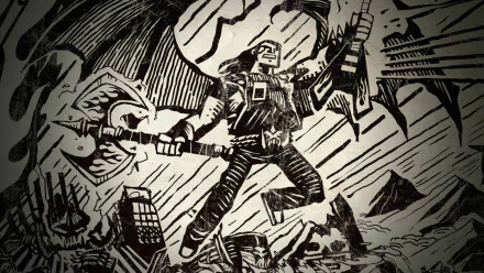 Video game Brutal Legend 2K Quad HD PC desktop wallpaper showing a monochrome woodcut-style rocker hero wielding a flying-V guitar and axe amid a jagged apocalyptic landscape.
