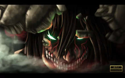 HD wallpaper featuring Eren Yeager from Attack on Titan in a dark and intense moment, with glowing green eyes and a fierce, determined expression, capturing the thrilling essence of the anime.