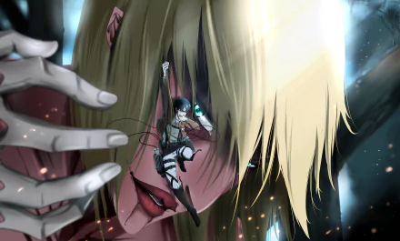 HD desktop wallpaper featuring Annie Leonhart and Eren Yeager in an intense scene from the anime Attack on Titan.