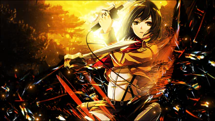 Mikasa Ackerman from Attack on Titan striking a dynamic pose, armed and ready for battle, against a vibrant, dramatic background, showcased as an HD desktop wallpaper.