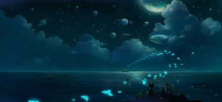 HD desktop wallpaper depicting an anime night landscape with stars, a moon, planets, clouds, and an ocean. A cat sits onshore, watching glowing birds, fish, and a whale in the sky.