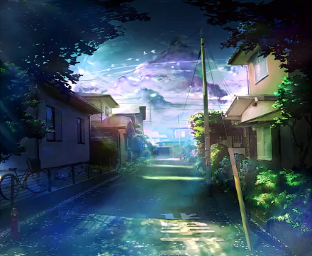 HD desktop wallpaper featuring an anime street scene. A peaceful neighborhood with houses, a road, and a parked bike under a cloudy sky. Lush greenery and serene ambiance complete the landscape.
