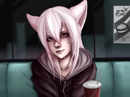 Digital artwork of Ahri from League of Legends, featuring her with pale pink hair and fox ears, holding a drink in a dimly lit setting, rendered in 4K Ultra HD quality.