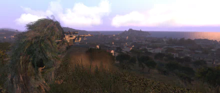 Video game Arma 3 HD PC desktop wallpaper: panoramic coastal military landscape at dusk, grassy hill overlooking a seaside town, harbor and distant islands.