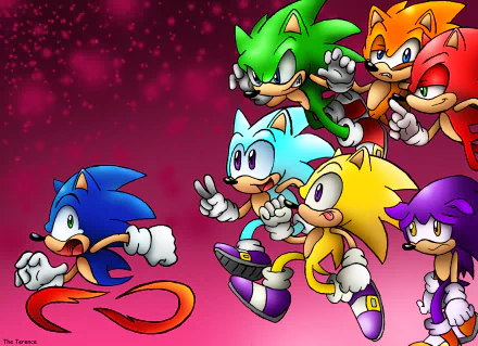 Vibrant 4K Ultra HD wallpaper featuring Sonic the Hedgehog and multiple colorful variants, capturing the essence of the iconic video game franchise in dynamic motion against a striking background.