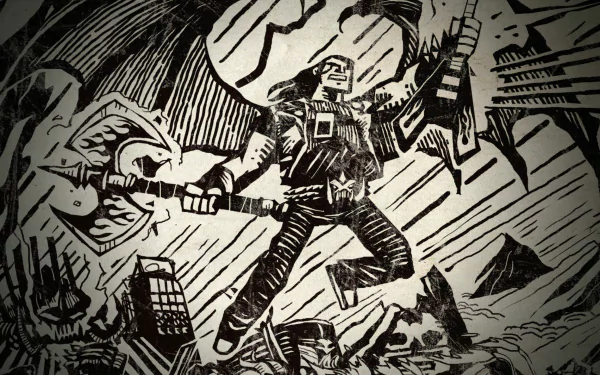 Video game Brutal Legend 2K Quad HD PC desktop wallpaper showing a monochrome woodcut-style rocker hero wielding a flying-V guitar and axe amid a jagged apocalyptic landscape.