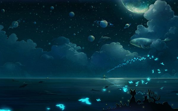 Anime Original Océan Ciel Nuage Lune Poisson Planète Oiseau Chat Baleine Etoile Paysage Fond d'écran HD | Image