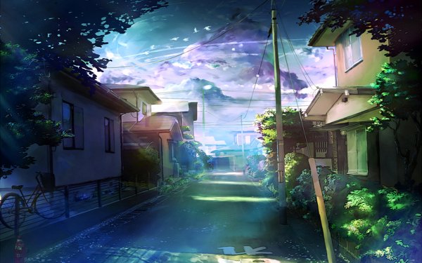 Anime Street Sky Cloud House Bike Road HD Wallpaper | Background Image