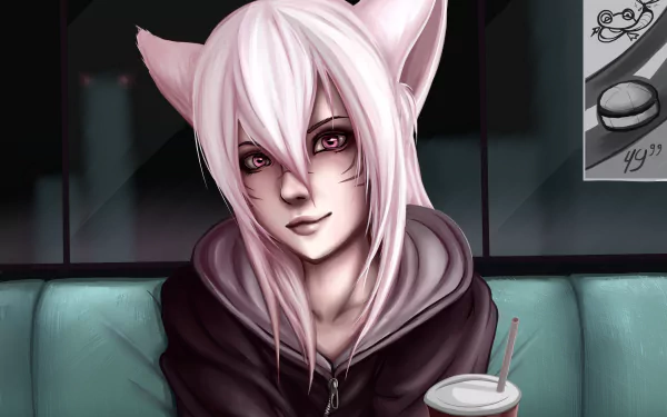 Digital artwork of Ahri from League of Legends, featuring her with pale pink hair and fox ears, holding a drink in a dimly lit setting, rendered in 4K Ultra HD quality.