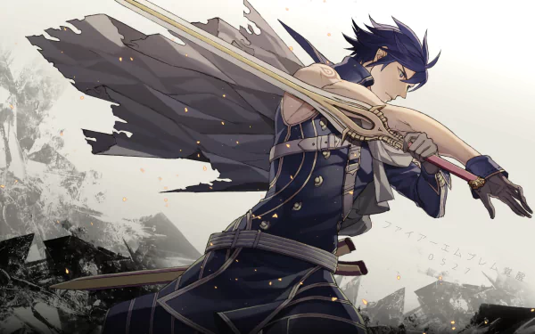 Chrom from Fire Emblem Awakening wields a sword dynamically in this HD PC desktop wallpaper, showcasing his iconic design and action-packed presence from the game.