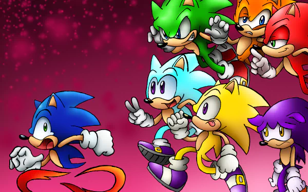 Vibrant 4K Ultra HD wallpaper featuring Sonic the Hedgehog and multiple colorful variants, capturing the essence of the iconic video game franchise in dynamic motion against a striking background.