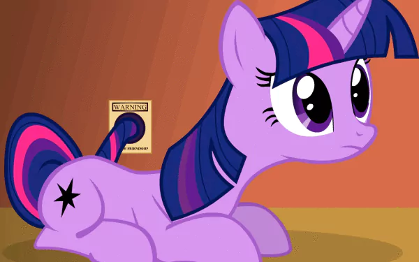 HD desktop wallpaper featuring Twilight Sparkle from the TV show My Little Pony: Friendship Is Magic, depicted with a cautious expression near a power outlet labeled WARNING.