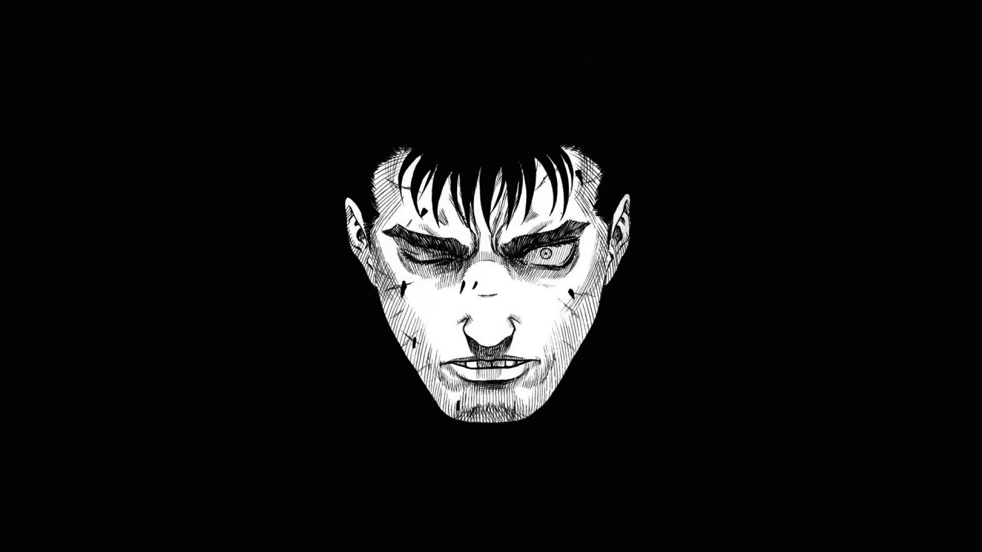 HD PC desktop wallpaper featuring a detailed black-and-white close-up of Guts from the anime Berserk, showcasing his intense and fierce expression.