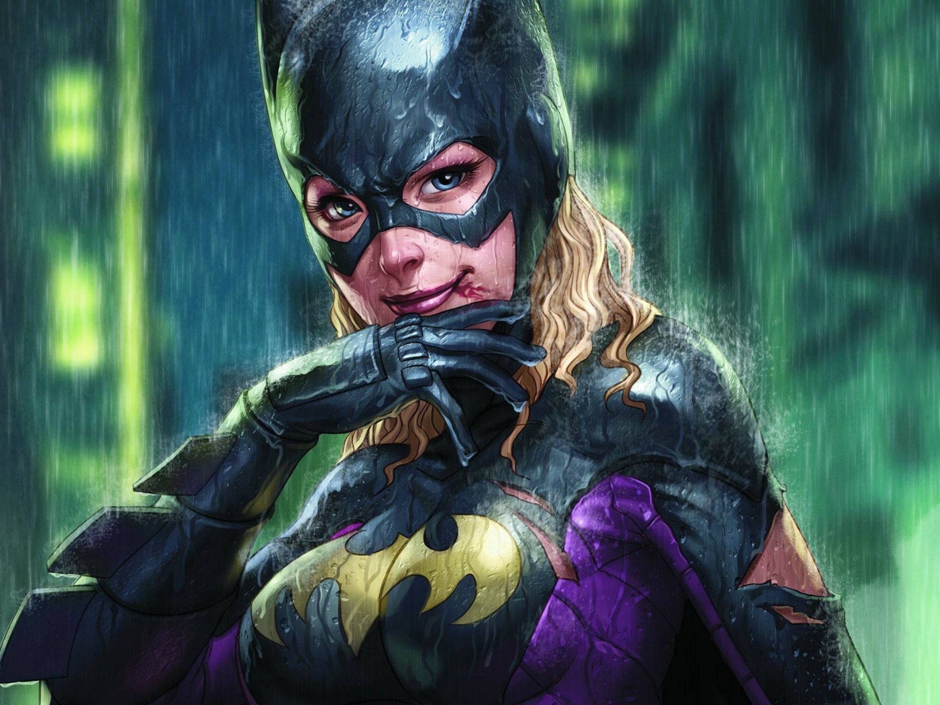 A striking HD wallpaper featuring Stephanie Brown as Batgirl, smiling in the rain with blue eyes, wearing a black bodysuit and mask, embodying the spirit of DC Comics.