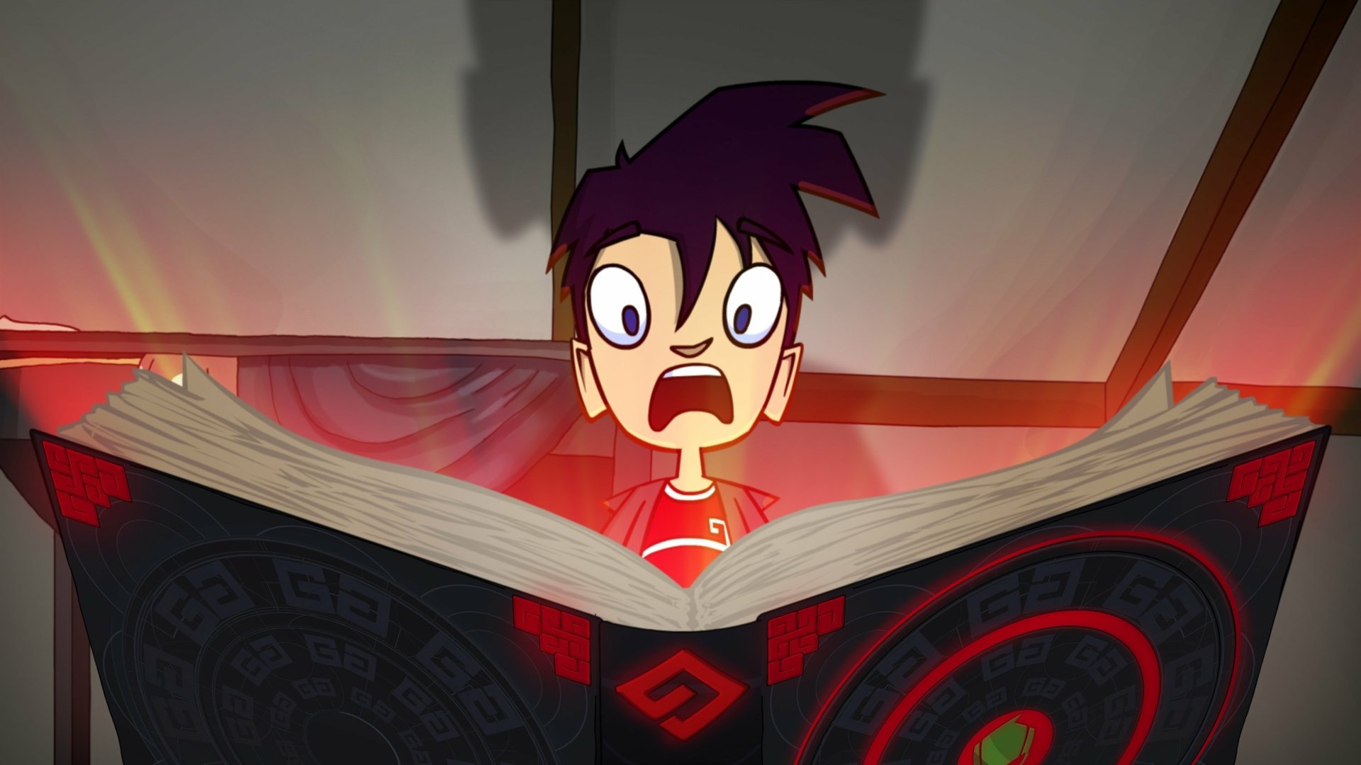 HD desktop wallpaper featuring Randy Cunningham from Disney’s ninja-themed cartoon TV show Randy Cunningham: 9th Grade Ninja, reacting to a magical book.