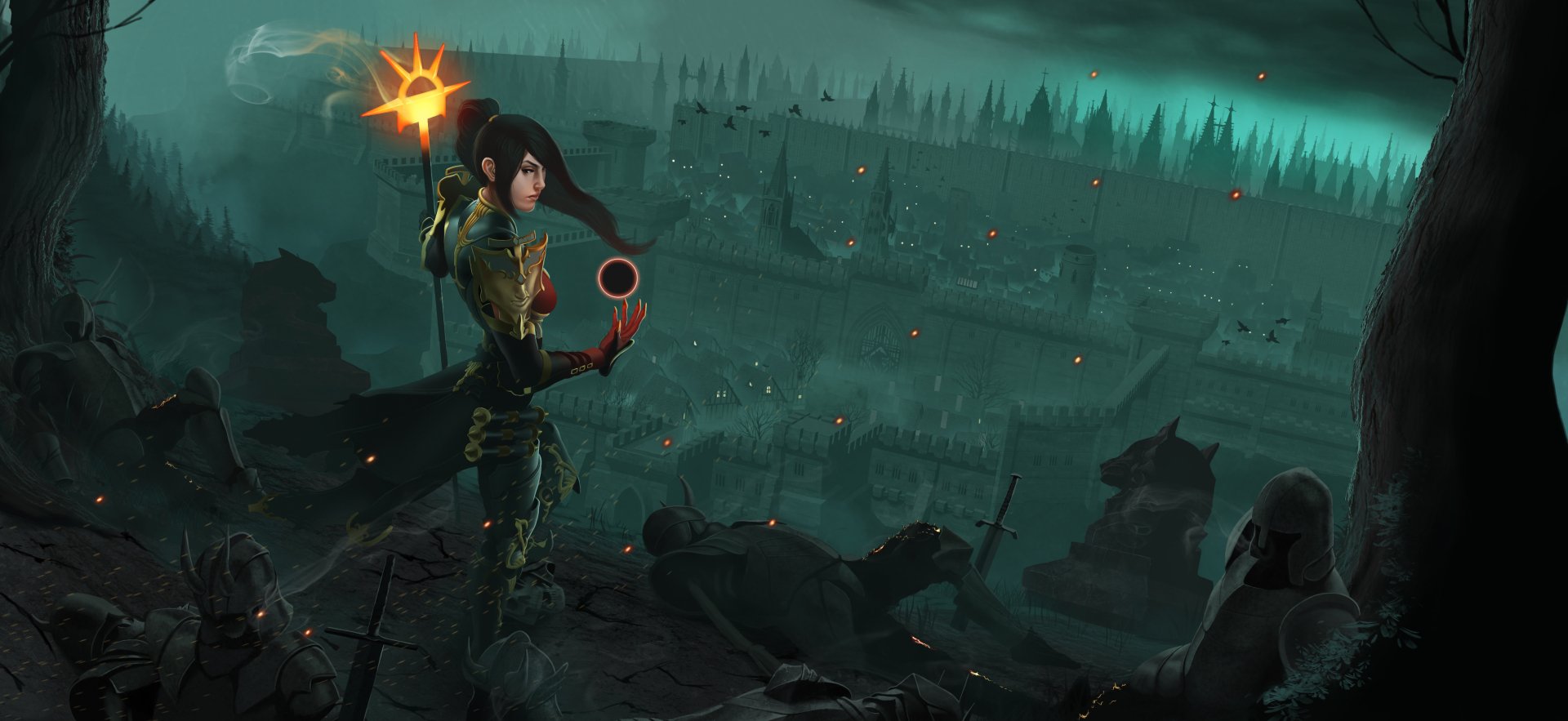 HD PC desktop wallpaper featuring the Wizard character from the video game Diablo III, casting a spell over a dark, eerie landscape.