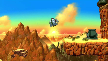 HD wallpaper featuring Tembo the Badass Elephant in mid-jump across a vibrant, cartoon-style canyon landscape at sunset.