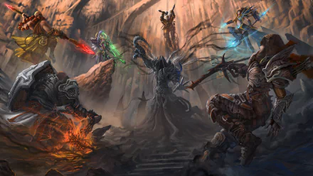 HD PC desktop wallpaper featuring iconic Diablo III: Reaper of Souls characters including Crusader, Barbarian, Witch Doctor, Monk, Wizard, Demon Hunter, and Malthael.