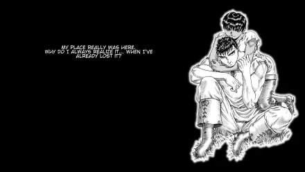 HD PC desktop wallpaper featuring Casca and Guts from the anime Berserk, with a poignant quote about loss and realization on a black background.