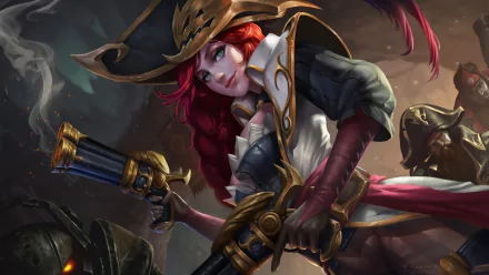 HD desktop wallpaper featuring Miss Fortune from League of Legends, showcasing her iconic dual pistols and pirate-themed attire in a dynamic pose.