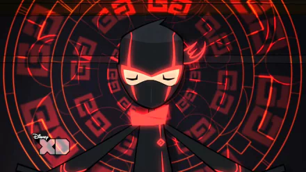 HD desktop wallpaper from the TV show Randy Cunningham: 9th Grade Ninja, featuring the ninja character in a red and black digital pattern background, Disney cartoon style.