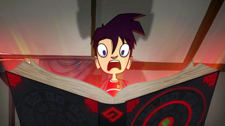 HD desktop wallpaper featuring Randy Cunningham from Disney’s ninja-themed cartoon TV show Randy Cunningham: 9th Grade Ninja, reacting to a magical book.