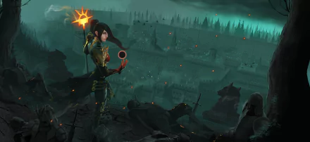 HD PC desktop wallpaper featuring the Wizard character from the video game Diablo III, casting a spell over a dark, eerie landscape.