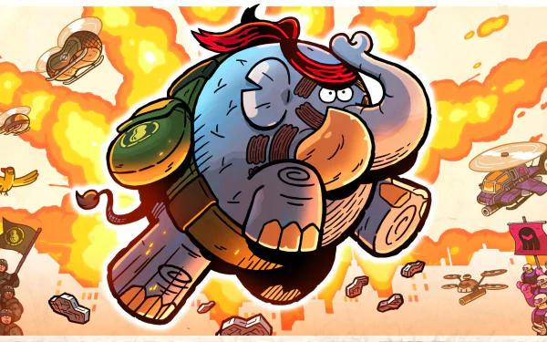 HD wallpaper featuring Tembo the Badass Elephant charging heroically against an explosive backdrop.