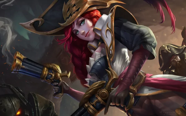 HD desktop wallpaper featuring Miss Fortune from League of Legends, showcasing her iconic dual pistols and pirate-themed attire in a dynamic pose.
