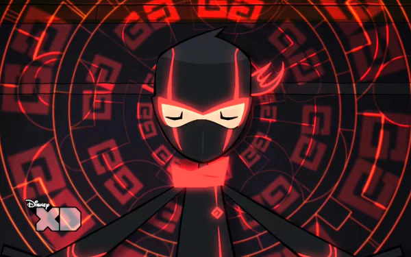 HD desktop wallpaper from the TV show Randy Cunningham: 9th Grade Ninja, featuring the ninja character in a red and black digital pattern background, Disney cartoon style.