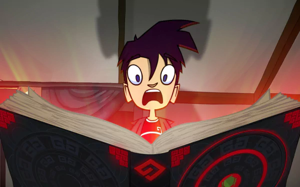 HD desktop wallpaper featuring Randy Cunningham from Disney’s ninja-themed cartoon TV show Randy Cunningham: 9th Grade Ninja, reacting to a magical book.
