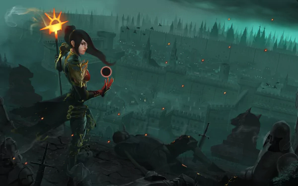 HD PC desktop wallpaper featuring the Wizard character from the video game Diablo III, casting a spell over a dark, eerie landscape.