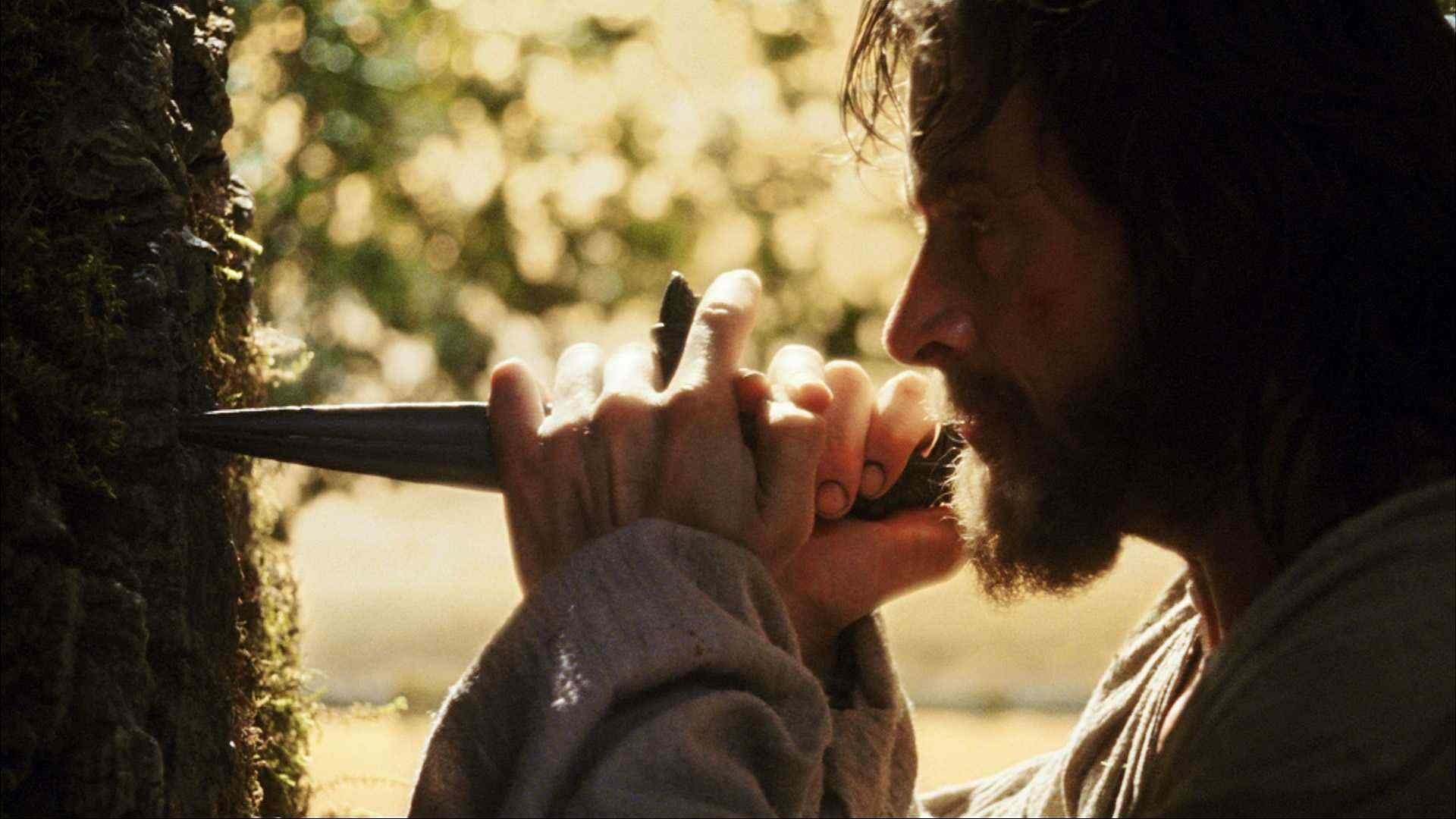 HD PC desktop wallpaper showing a bearded actor in a scene from the movie The Fountain, pressing a dagger into a mossy tree as sunlight filters through the leaves.
