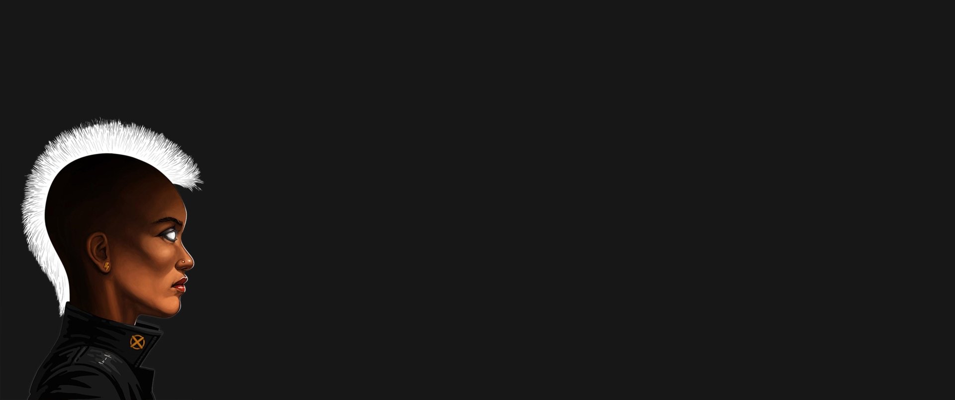 Comic portrait of Storm (Marvel Comics) in profile with white hair on a wide black canvas — 2K Quad HD PC desktop wallpaper and background