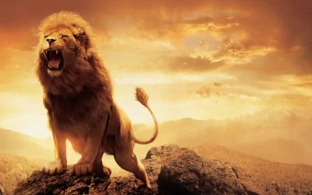 A powerful HD wallpaper featuring Aslan, the majestic lion, from The Chronicles of Narnia: The Lion, the Witch and the Wardrobe, standing on a rocky peak against a dramatic sunset sky.
