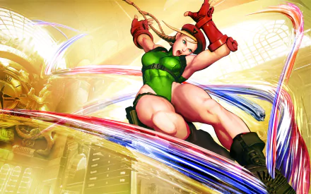 Cammy from Street Fighter V is depicted in this HD desktop wallpaper, showcasing her dynamic action pose with vibrant attack trails in a captivating video game background.