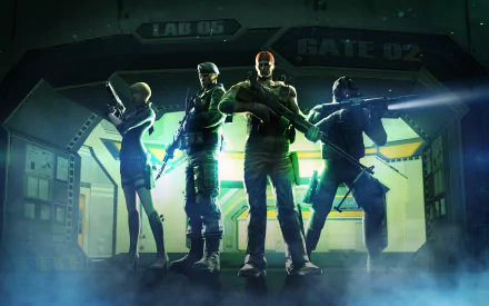 A high-definition desktop wallpaper featuring four characters from the video game CrossFire, standing in front of an illuminated entrance marked Lab 05 and Gate 02.